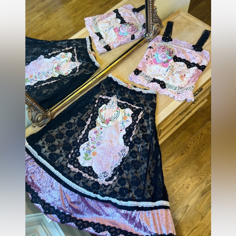 Roselani Jasmin Vintage Lingerie Reworked Lace Rosebud Pink Skirt & Top Set